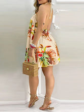 Contrast Color Leaf Printed Loose Sleeveless Halter-Neck Mini Dresses